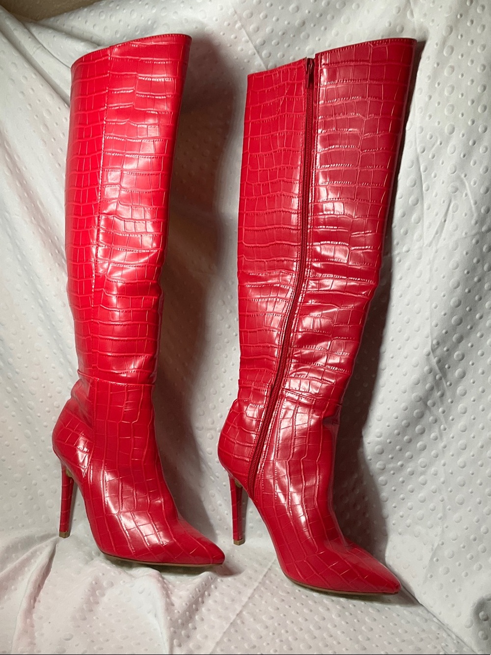 Red Croc-Embossed Over-The-Knee Stiletto Boots